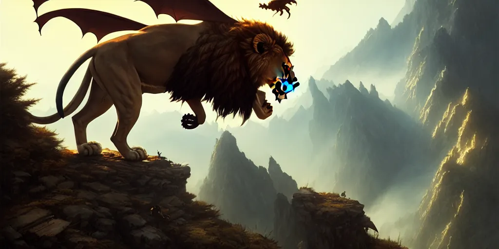 Prompt: Lion with scorpion tail and bat wings on a top of a mountain, art by Peter Tang and artgem and Greg Rutkowski, highly detailed, fantasy, digital art, 8k, volumetric lighting