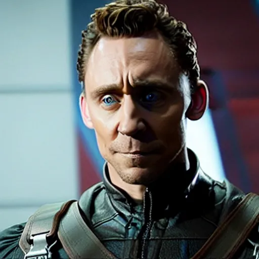 Image similar to film still of Tom Hiddleston as Nick Fury with leather patch over one eye in Avengers