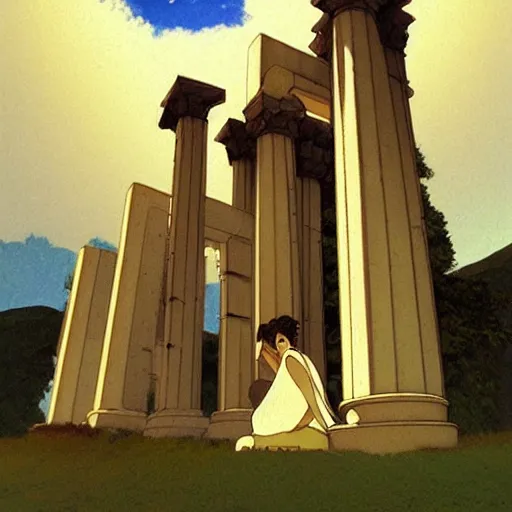 Prompt: Greek archi, a colab between studio ghibli and paul delaroche