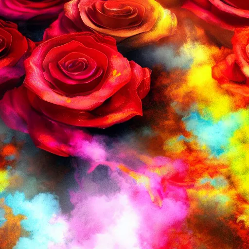 Prompt: Roses made of colorful smoke, digital art, award winning, artstation,