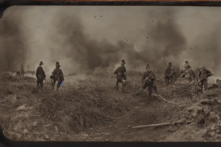Prompt: american civil war trench battle, shots fired, explosions all around, wide shot, cinematic, tintype photograph