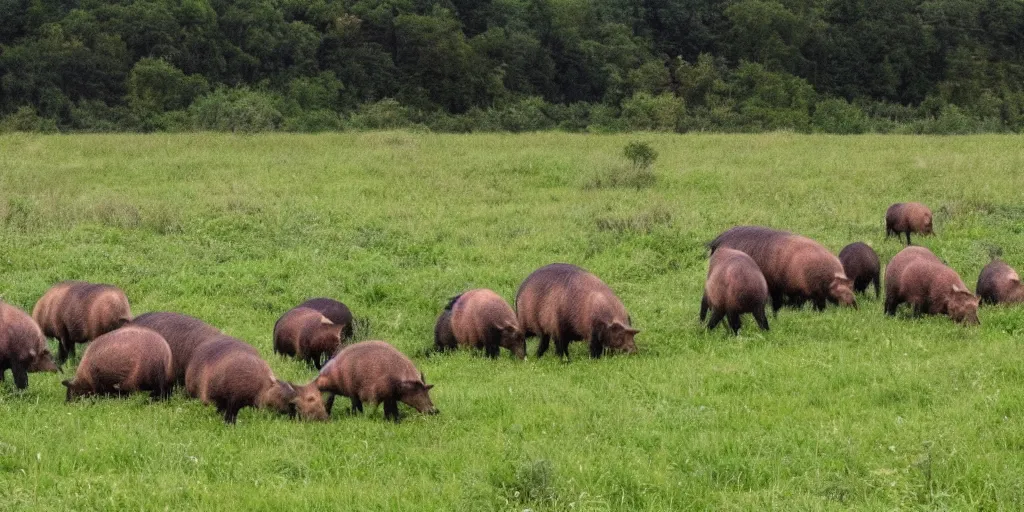 Image similar to a trap camera photo of a big group of wild boars in a field, real, photography