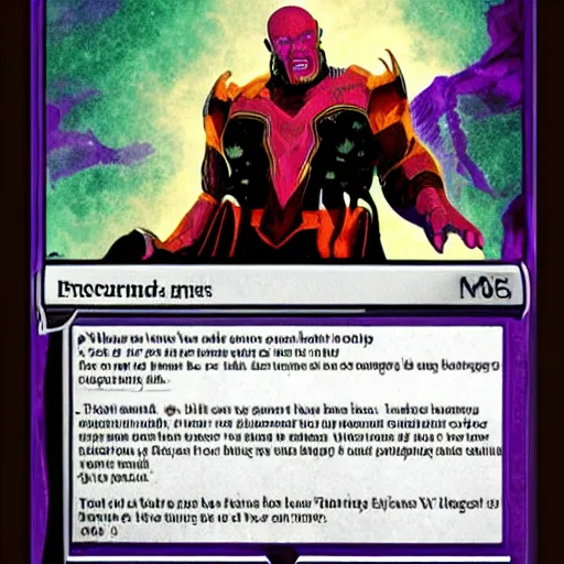 Image similar to thanos as a magic the gathering card, realistic,