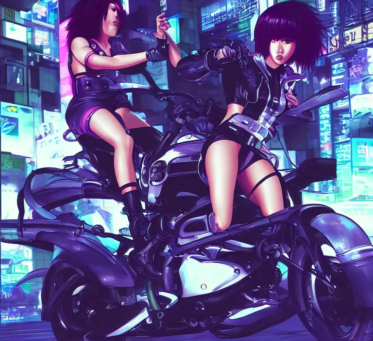 Image similar to motoko kusanagi riding a cyberpunk vehicle in a grungy cyberpunk megacity, bosozoku gang war, cyberpunk vaporwave, artgerm, sola digital arts, anti aliasing, raytracing