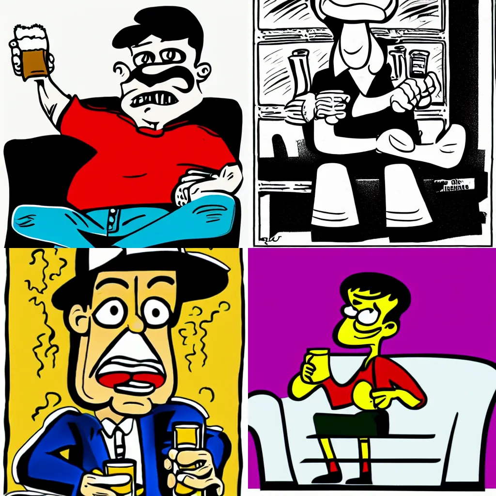 Prompt: a guy sitting on the sofa drinking many beers Peter Bagge, ink artwork