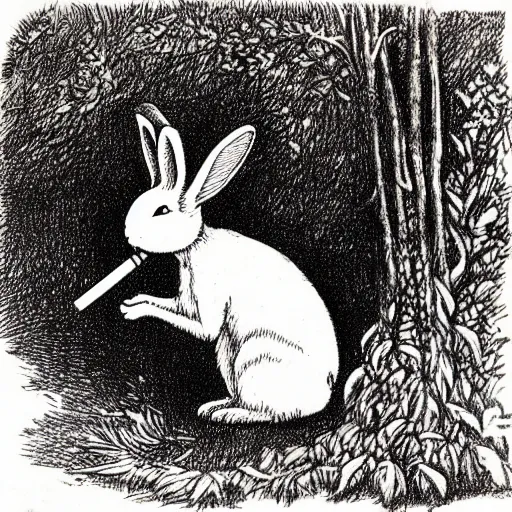 Image similar to drawing of a white bunny smoking a big cigarette in the deep tangled forest, by edward gorey, by gustav dore