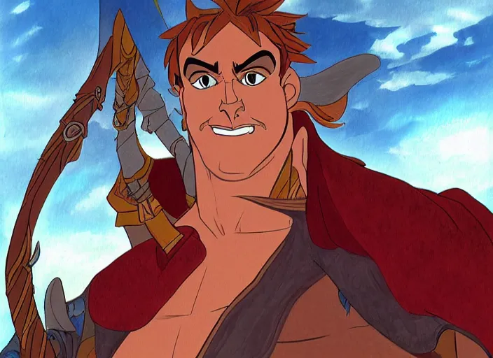 Image similar to official digital painting artwork of a male warrior character by don bluth.
