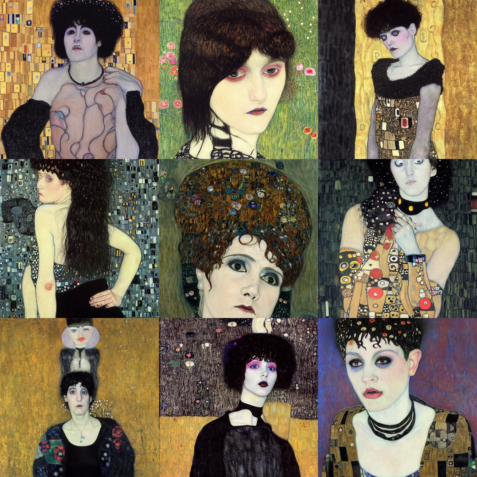 Prompt: A goth painted by Gustav Klimt. Her hair is dark brown and cut into a short, messy pixie cut. She has a slightly rounded face, with a pointed chin, large entirely-black eyes, and a small nose. She is wearing a black tank top, a black leather jacket, a black knee-length skirt, a black choker, and black leather boots.