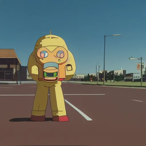 Image similar to the mayo man, angular humanoid blob of mayonnaise, angry eyes, shaded out eyes, 2 0 0 1 anime, flcl, golden hour, japanese town, cel - shaded, strong shadows, vivid hues, y 2 k aesthetic