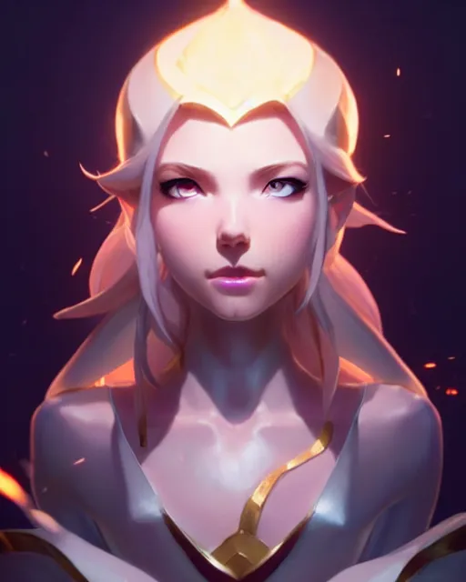 Image similar to lux from league of legends, detailed perfect face, exquisite details, fire magic, mid view, design on a white background, by studio muti, greg rutkowski makoto shinkai takashi takeuch studio ghibli