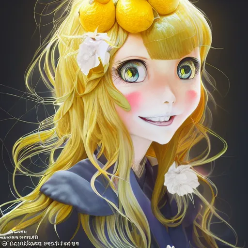 Prompt: the portrait of an absurdly beautiful, graceful, elegant, sophisticated, cute young teen anime girl made up of lemons looking up smiling, an ultrafine hyperdetailed illustration by kim jung gi, irakli nadar, intricate linework, bright colors, octopath traveler, final fantasy, unreal engine 5 highly rendered, global illumination, radiant light, detailed and intricate environment