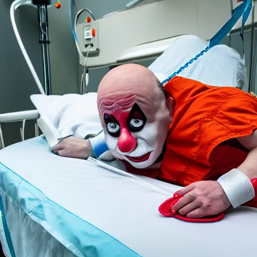 Image similar to crazy clown strapped in hospital bed with wrist restraints on, restraints have fabric straps attached to hospital bed, photograph, 8 k