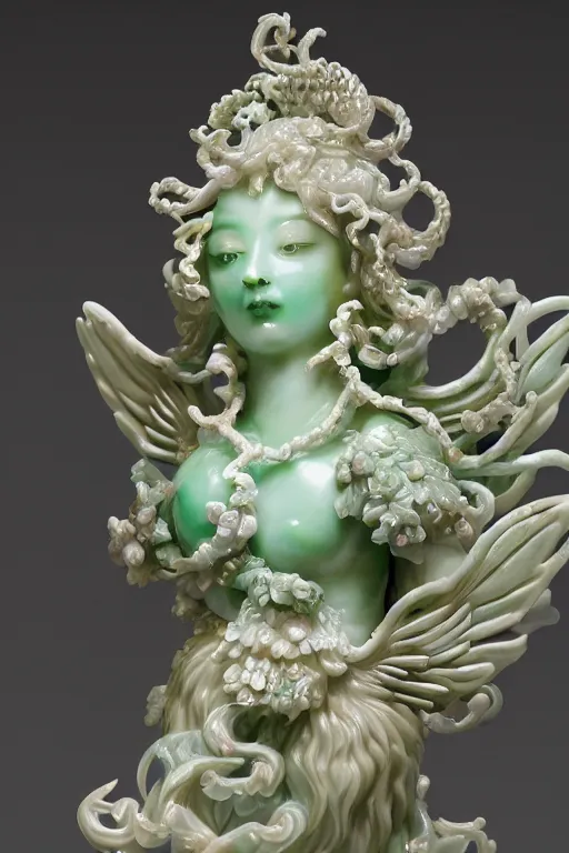 Image similar to a closeup photo, rococo alabaster and jade real delicate ceramic porcelain sculpture of an ornate detailed phoenix goddess in front of an intricate background by rafael, micro detail, backlit lighting, subsurface scattering, translucent, thin porcelain, emerald, jade, octane renderer, colorful, physically based rendering, trending on cgsociety