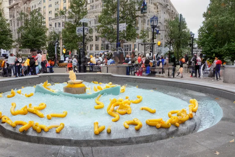 Image similar to a public fountain filled with macaroni and cheese