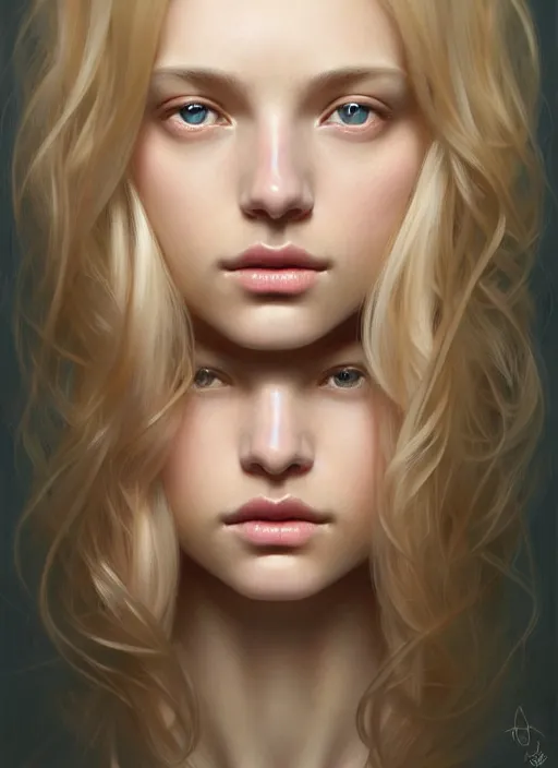 Image similar to beautiful symmetrical face, portrait of young woman blessed with ever - increasing physical and mental perfection, realism, blonde hair, perfect face!! intricate, elegant, highly detailed, vision of holy perfection!! digital painting, artstation, concept art, smooth, sharp focus, illustration, humanity, art by artgerm and greg rutkowski and alphonse mucha