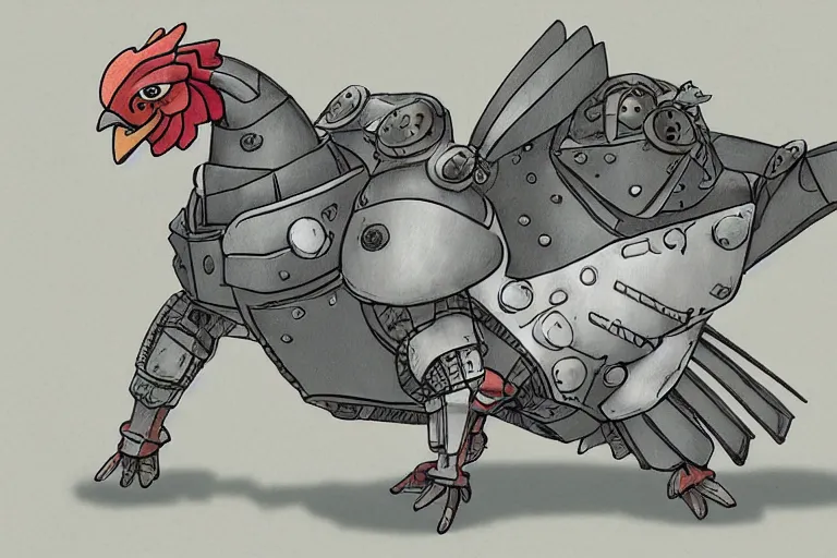 Prompt: heavily armoured mechanical chicken by studio ghibli