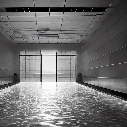 poolrooms, modern indoor pool, grey tiling, liminal, Stable Diffusion