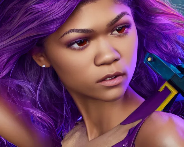 Image similar to Zendaya in heroic pose with weapon, cinematic, 4k, hyper realistic, super detailed, colorful accents, purple hair, golden ratio, symmetrical face, highly detailed professional photo, centered, rim lights, vray caustics, hyper realistic