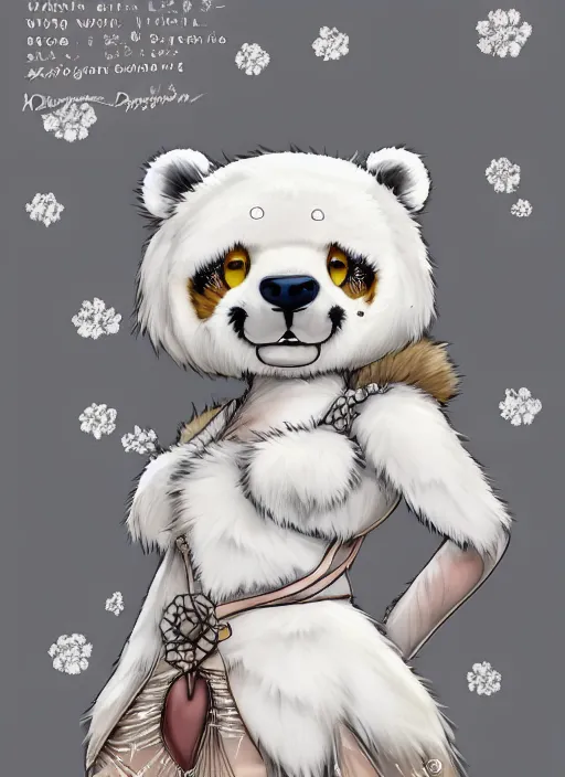 Image similar to award winning beautiful portrait commission art of a female male furry anthro polar bear fursona with a cute beautiful attractive detailed furry face wearing a summer dress at a mountain cabin. Kemono Character design by Dangan, Kishibe. detailed, inked, manga