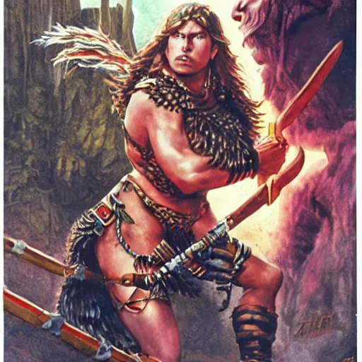 Image similar to a female barbarian posing over a defeated monster, detailed poster by Drew Struzan