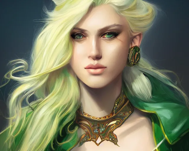 Image similar to A blonde emerald warrior, HD, illustration, epic, fantasy, intricate, elegant, amazing detail, digital painting, artstation, concept art, smooth, sharp focus, illustration, art by Fernando Juarez