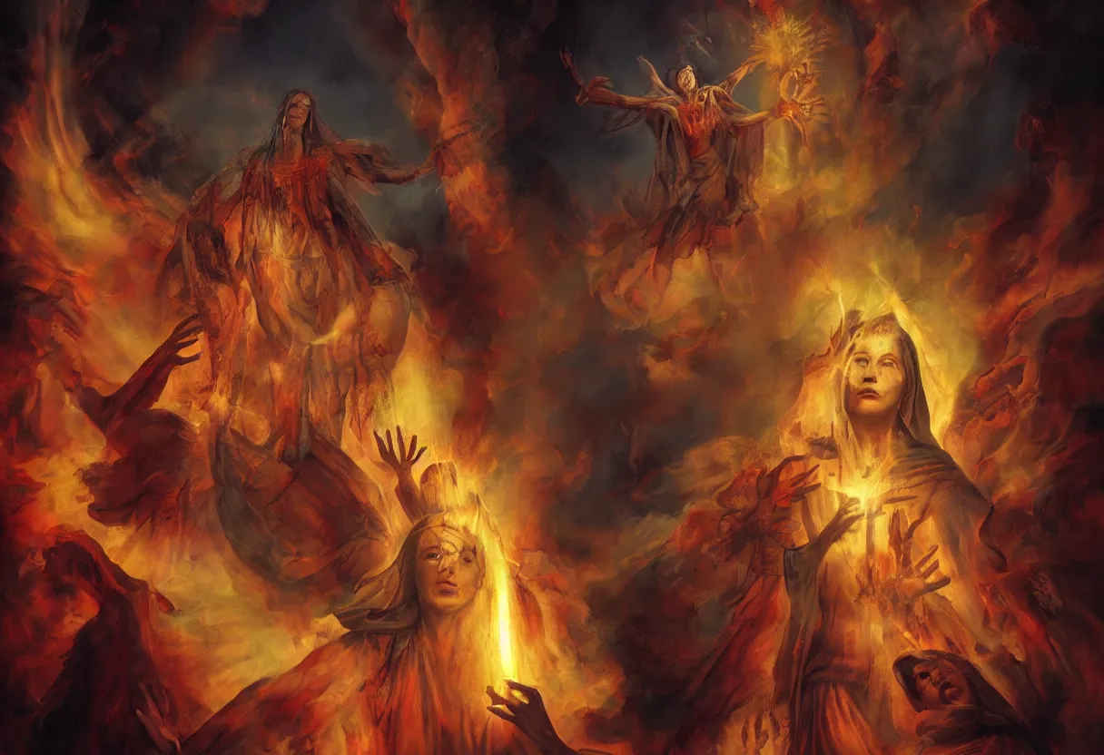 Prompt: portrait of holy mary bleeding and burning in hell with divine ray over her head, colorfully ominous background with demons, hyper realism, matte painting, realistic, dramatic lighting, octane render, highly detailed face, cinematic lighting, cinematic, volumetric, by rutkowsky and gerald brom and frazetta and rembrandt