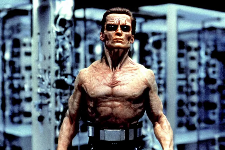 Image similar to t 8 0 0 from movie terminator 1 9 8 4, staying in data center.