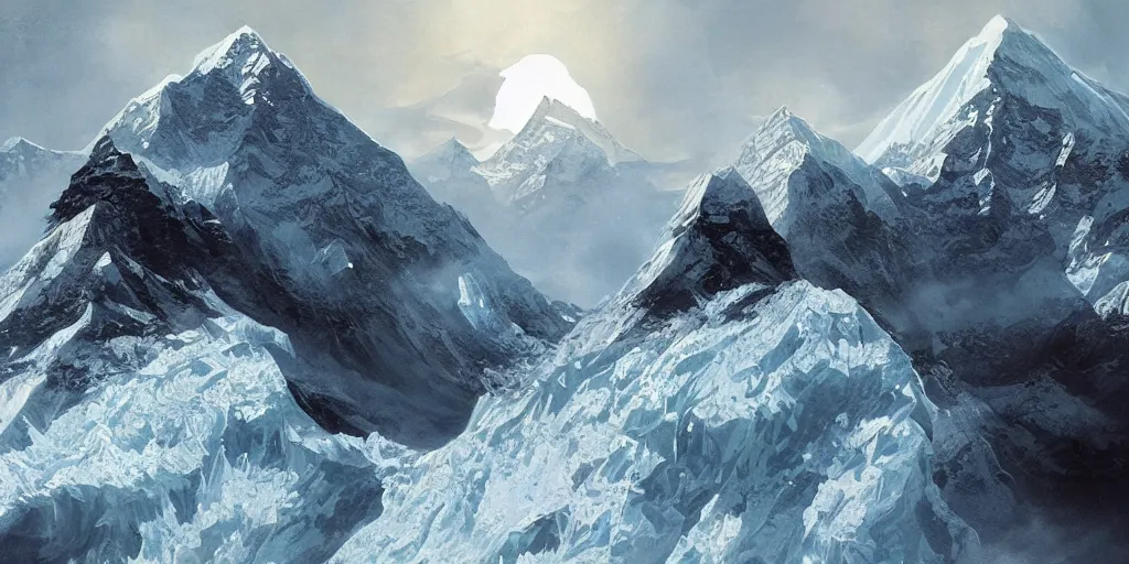 Image similar to mount everest dramatically falling apart, dim volumetric lighting, 8 k octane render, post - processing, extremely hyper detailed, intricate, epic composition, cinematic lighting, masterpiece, trending on artstation, stunning art by anders zorn, wonderful masterpiece by greg rutkowski