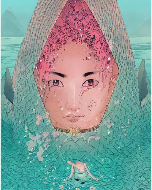 Image similar to lee jin - eun in luxurious dress emerging from pink and turquoise water in egyptian pyramid city during an eclipse by takato yamamoto, nicola samuri, conrad roset, m. k. kaluta, martine johanna, rule of thirds, elegant look, beautiful, chic, face anatomy, cute complexion