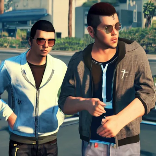 Image similar to Wu Yifan and Jay Chou rap in GTA 5, 4k