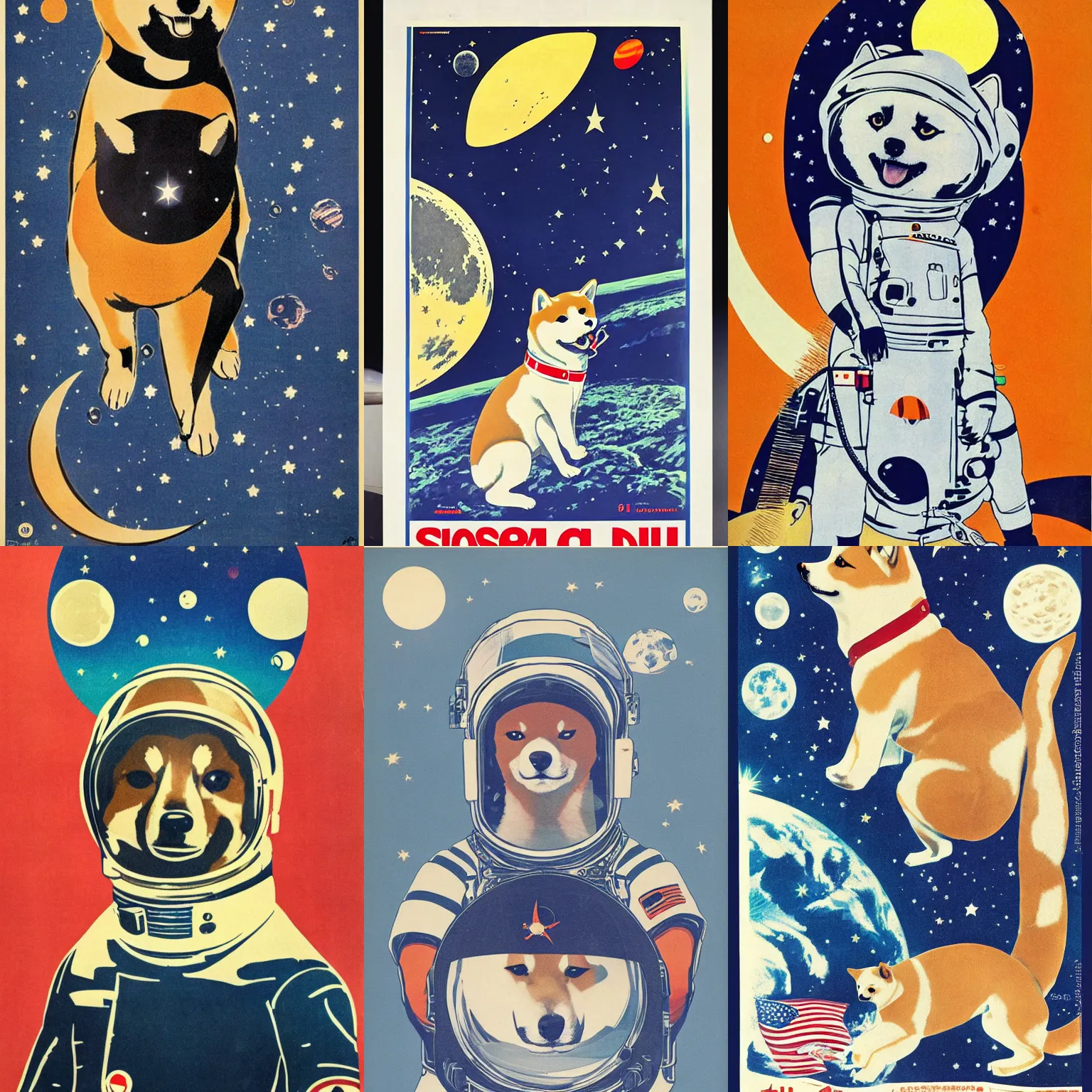 Image similar to Shiba Inu cosmonaut portrait, moon mission, 60s poster, 1968 Japanese