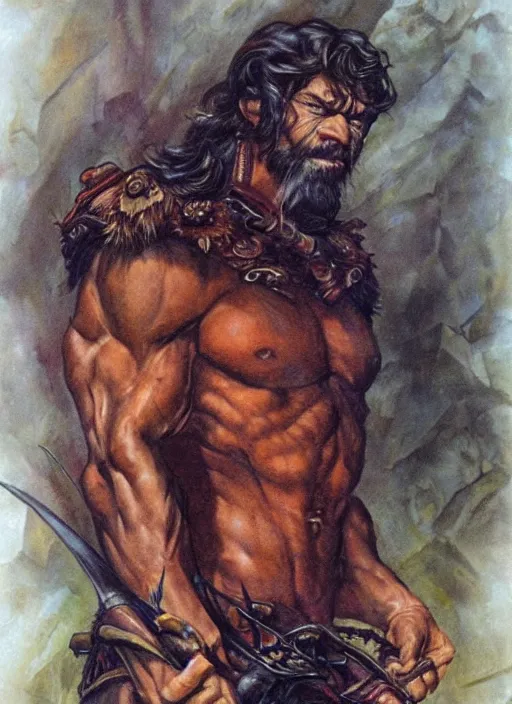 Image similar to portrait of strong grizzled male god of the hunt, iron crown, claw scarsstrong line, deep color, beautiful! coherent! by boris vallejo, by brian froud