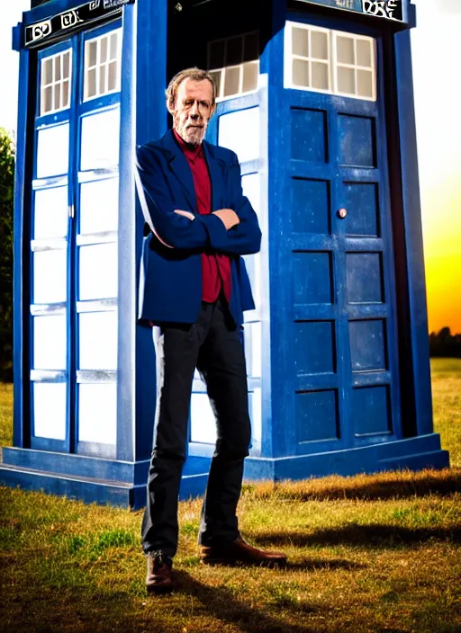 Image similar to dslr photo portrait still of hugh laurie as doctor who in front of the tardis at sunset, 8 k, 8 5 mm f 1. 4