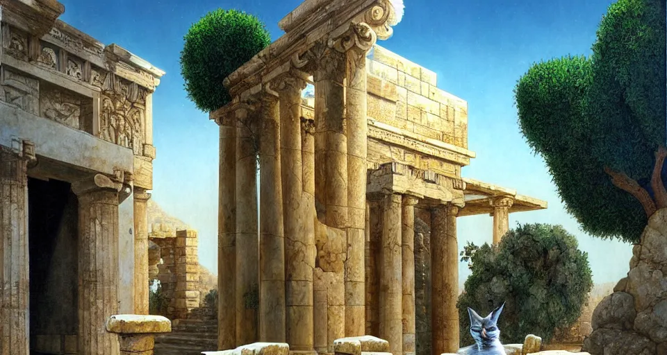 Prompt: pixar cute fluffy caracal in laurel wreath in a ancient greek town, marble temple, olive trees, sunny chris foss, john harris,, wayne barlowe