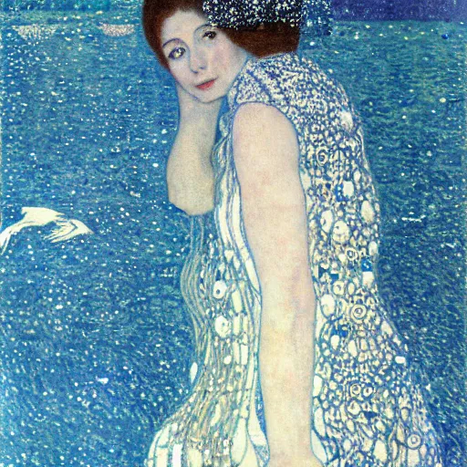 Prompt: a young thin good looking white woman with sliver long hair wearing a long white dress, on a boat flowing in the deep blue starry sea, flying white birds, sea animals, bubbles like a dream, hyperrealistic, highly detailed, fairytale by gustav klimt, whole body, look back
