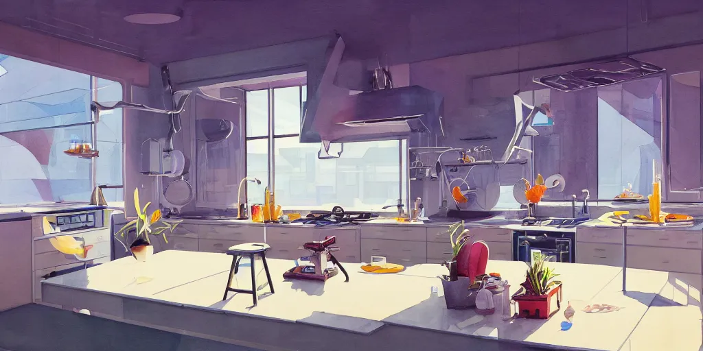 Image similar to a beautiful illustration of futuristic kitchen, lots of furniture, big medium small, sacred geometry, golden ratio, in watercolor gouache detailed paintings, in style of syd mead, trending on artstation, 8 k, panel, hard surface, wallpaper, zaha hadid, scattered props, plant, cozy, decoration, simon stalenhag, wes anderson, moebius
