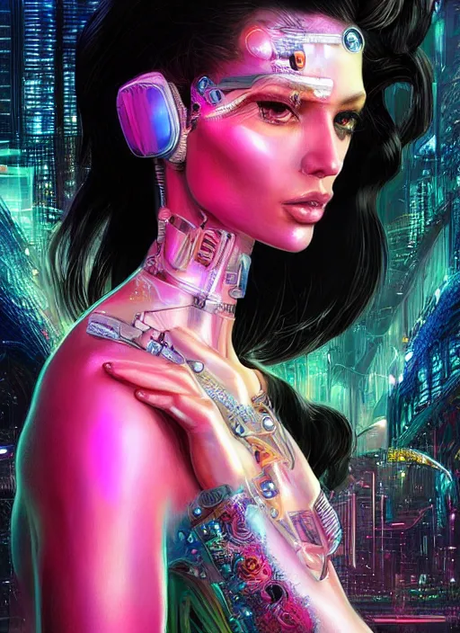 Prompt: beautiful young woman, extremely detailed gorgeous face, sad eyes, tears, cyberpunk, cybernetic, cyborg, sexy body and face, vaporwave aesthetic, synthwave, long luxurious gown, colorful, psychedelic, intricate, elegant, highly detailed, digital painting, artstation, concept art, smooth, sharp focus, illustration, art by artgerm and greg rutkowski and alphonse mucha