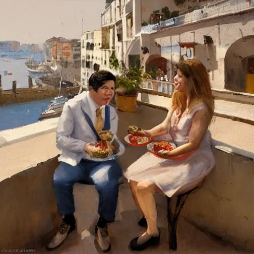 Prompt: Michael Mcintyre & a blonde lady eating codfish braga on a harbour terrace, Greg Rutkowski