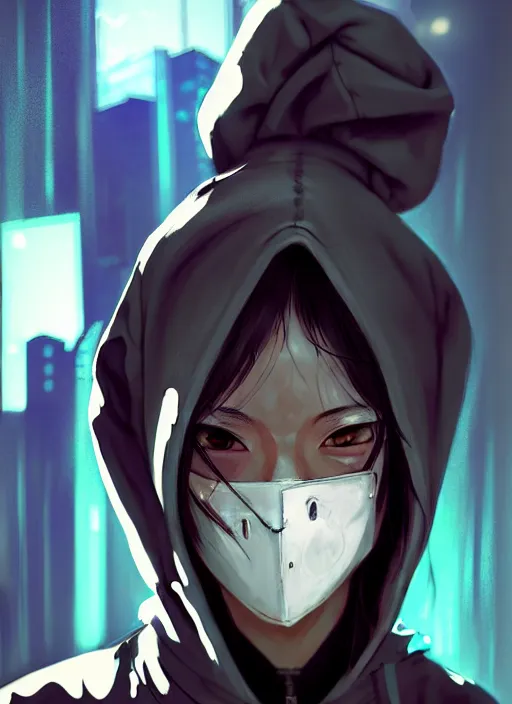 Image similar to cyberpunk anime girl in hoodie, face mask, 3 / 4 shot, street night, grafity, realistic face, beautiful face, grafity, arcane, action, tokyo street, detail, good face, pose model, concept art, in style of yoji shinkawa, pan ren wei, col price, atey ghailan, by greg rutkowski, aesthetic