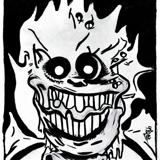 Image similar to a Pop Wonder scary horror themed goofy-hilarious-character-ice-cream-spirit-demon, dime-store-comic drawn with charcoal and pen and ink, half-tone-line-stacking