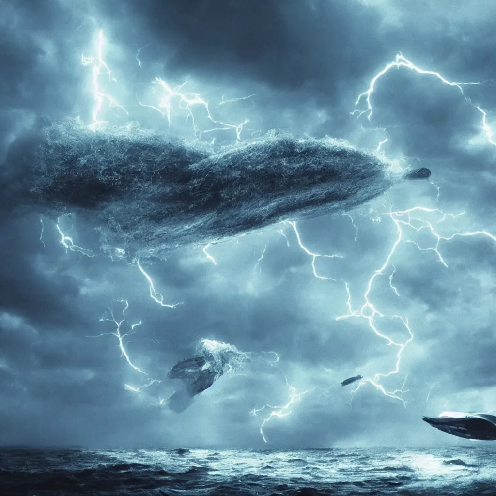 Prompt: large alien spacecraft resembling a cybernetic Portuguese Man of War made of liquid mercury, hovering above a turbulent ocean, lightning, intense dramatic sci-fi movie still, giant crashing wave, beautiful cinematography, chilling