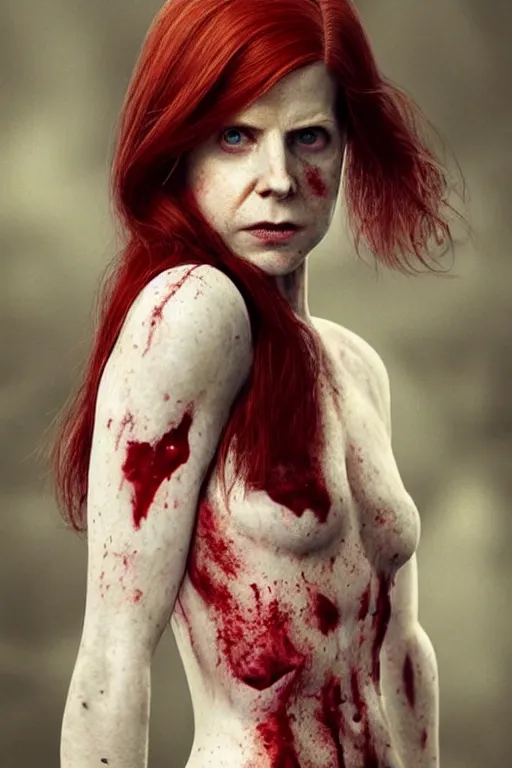 Image similar to pale woman covered with blood, sarah rafferty face!!!, red hair, skeleton body tattoo, ultra realistic, concept art, intricate details, highly detailed, 4 5 mm. photorealistic, octane render, 8 k, unreal engine. film still, heavy grain, 3 5 mm, art by artgerm and greg rutkowski and alphonse mucha