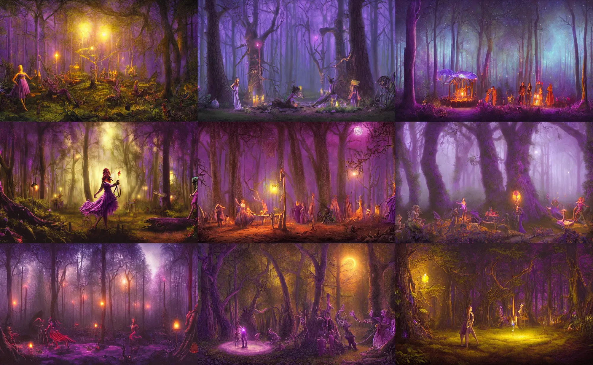 Prompt: magical faire in a forest at night, beautiful, purple ambient light, artwork by gerald brom, 4 k, masterpiece