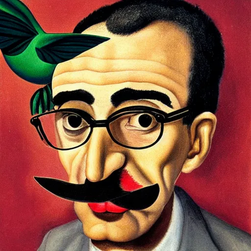 Prompt: painting Self-Portrait of groucho marx with Thorn Necklace and Hummingbird by Frida Kahlo