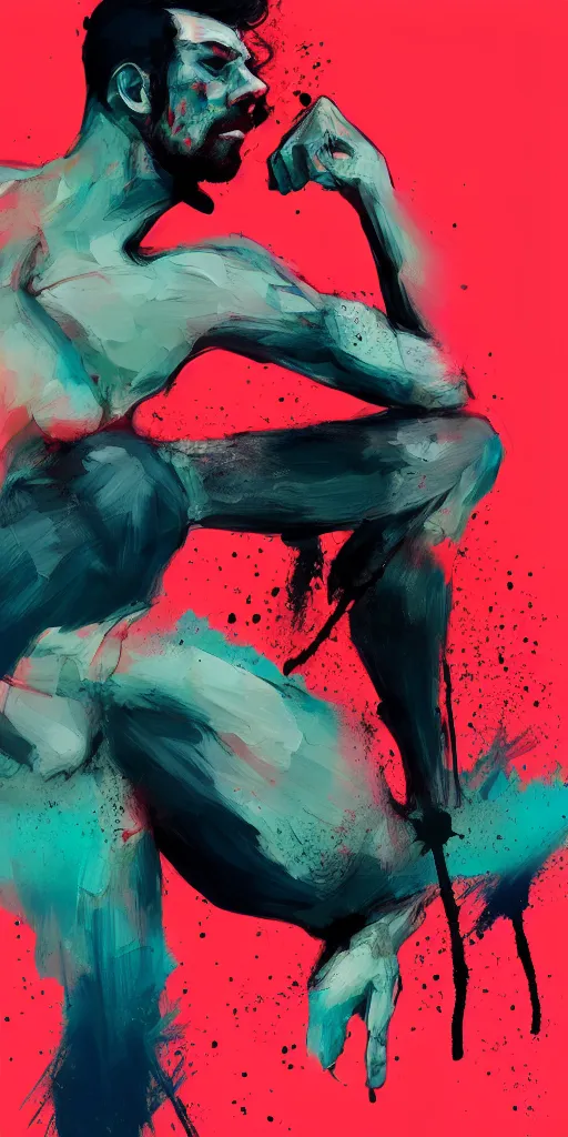 Image similar to abstract depiction of the physique of one thin athletic man posing dramatically, closeup, matte colors, conrad roset, dark abstract background, minimalist painting trending on artstation