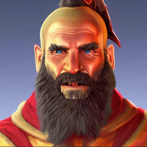 Image similar to dnd render of a man, red, a big black beard, completely golden eyes, 1 curved horn growing out of his forehead, one broken horn groing out of his forehead,