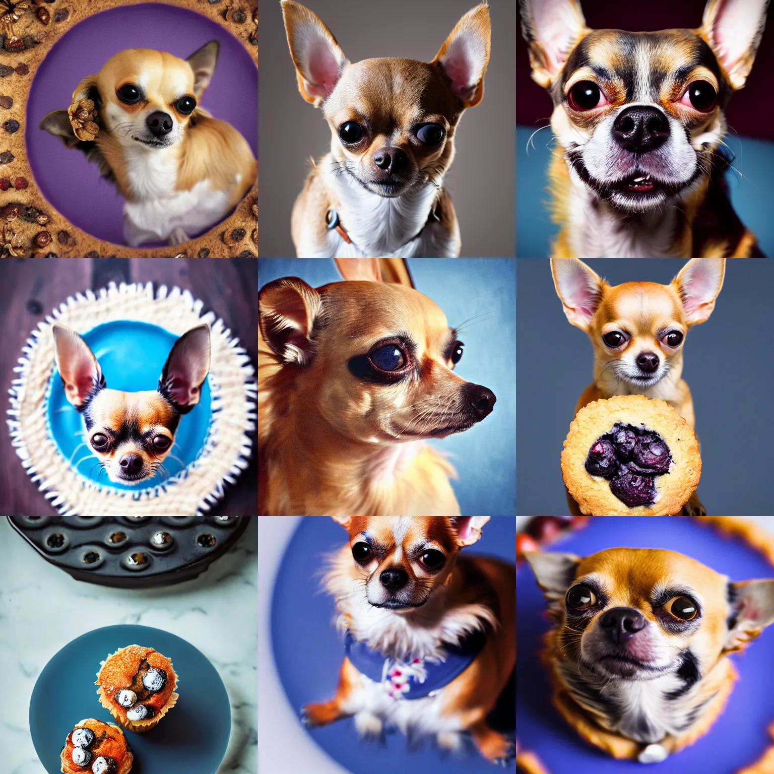 Prompt: chihuahua portrait made in the style of a blueberry muffin, Giuseppe Arcimboldo, high definition, focus, photography