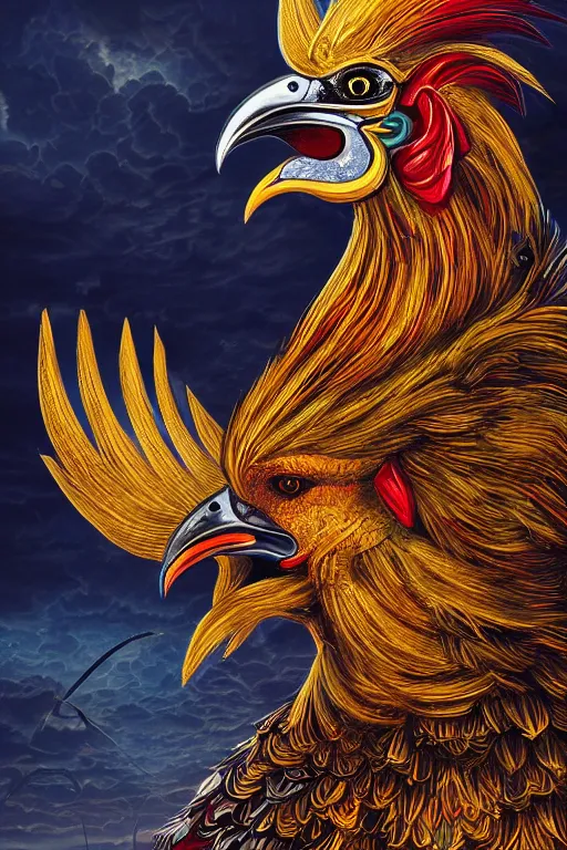 Prompt: a beautiful tarot card artwork of a rooster, wearing knight armour!, horror, backlit, gloomy sky, highly detailed, digital painting, intricate golden threads, by kevin siembieda, vivid colors, detailed shading, 8 k resolution, intricate, smooth