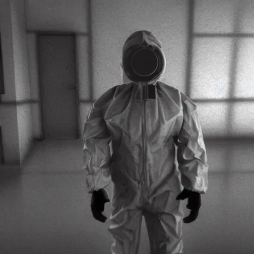 Image similar to news reporter in a hazmat suit 1 9 9 0 s news found footage of an abandoned soviet downtown with a humanoid scp hidden in background, liminal space, backrooms, scp, film grain, rundown, eerie, dark lighting, 3 5 mm, realistic, photograph, hazmat suits, foggy, silent hill style, detailed, hyperrealistic