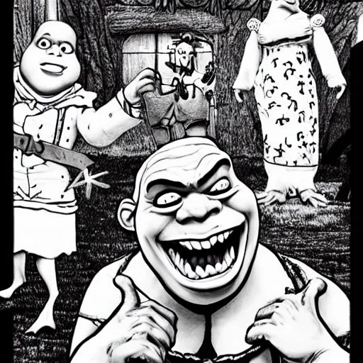 Prompt: shrek in style of junji ito